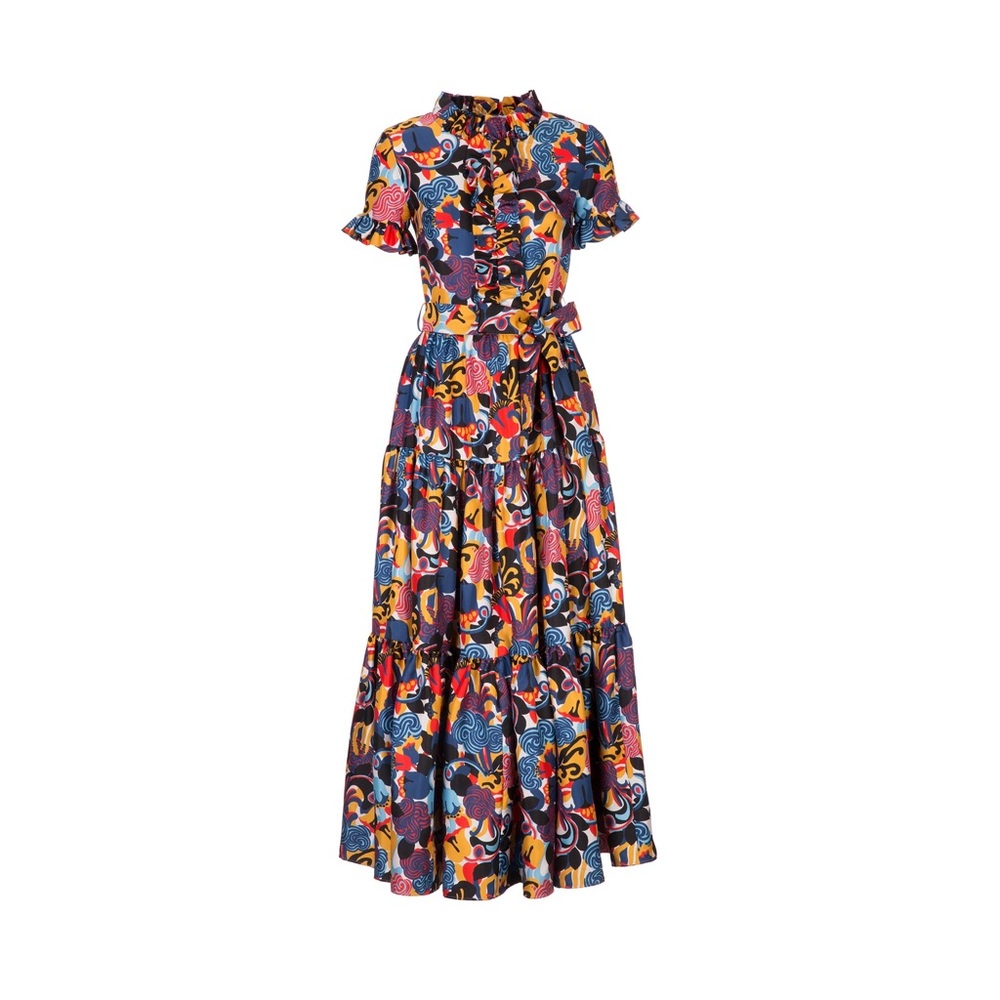 LA DoubleJ Blue and Orange Pleated Maxi Dress